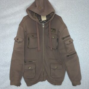 Vintage Brown Cargo Hooded Jacket L Full Zip Distressed Y2K Streetwear Spell out